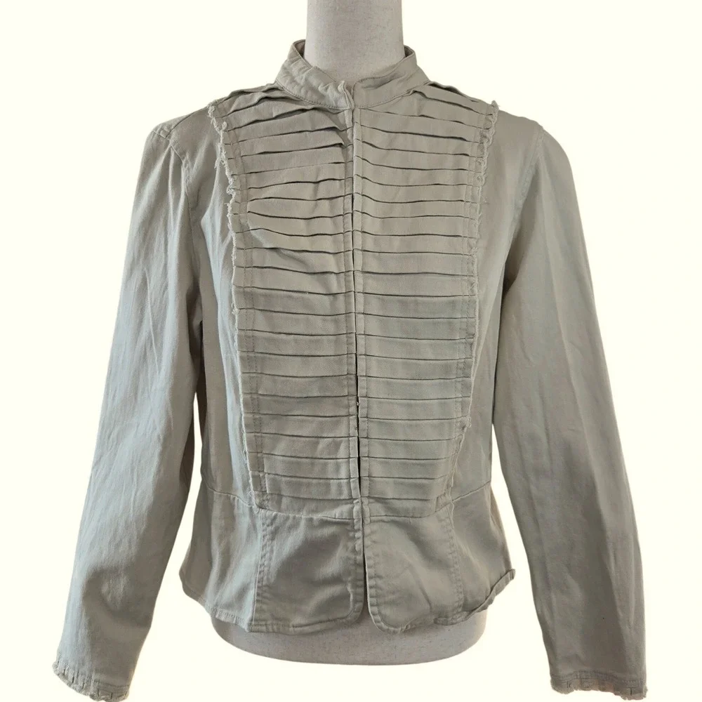 Feminine Denim Tan‎ Utility Blazer L (M) Jacket Boho-Utilitarian Texture-Focused